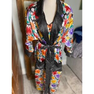 Vintage Axiom 90s 2 Piece Robe and Nightgown Set Floral Polka Dot Satin Small